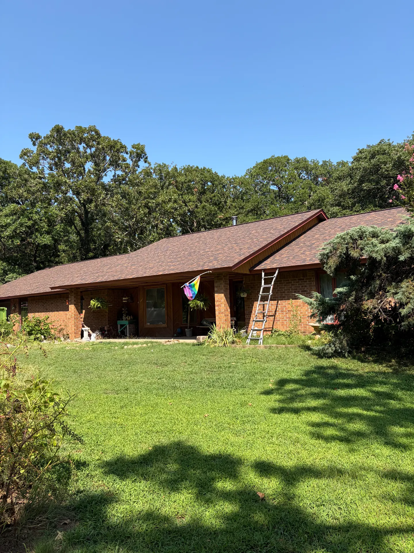 A shaded ranch home with a finished roof and a ladder resting at the eave