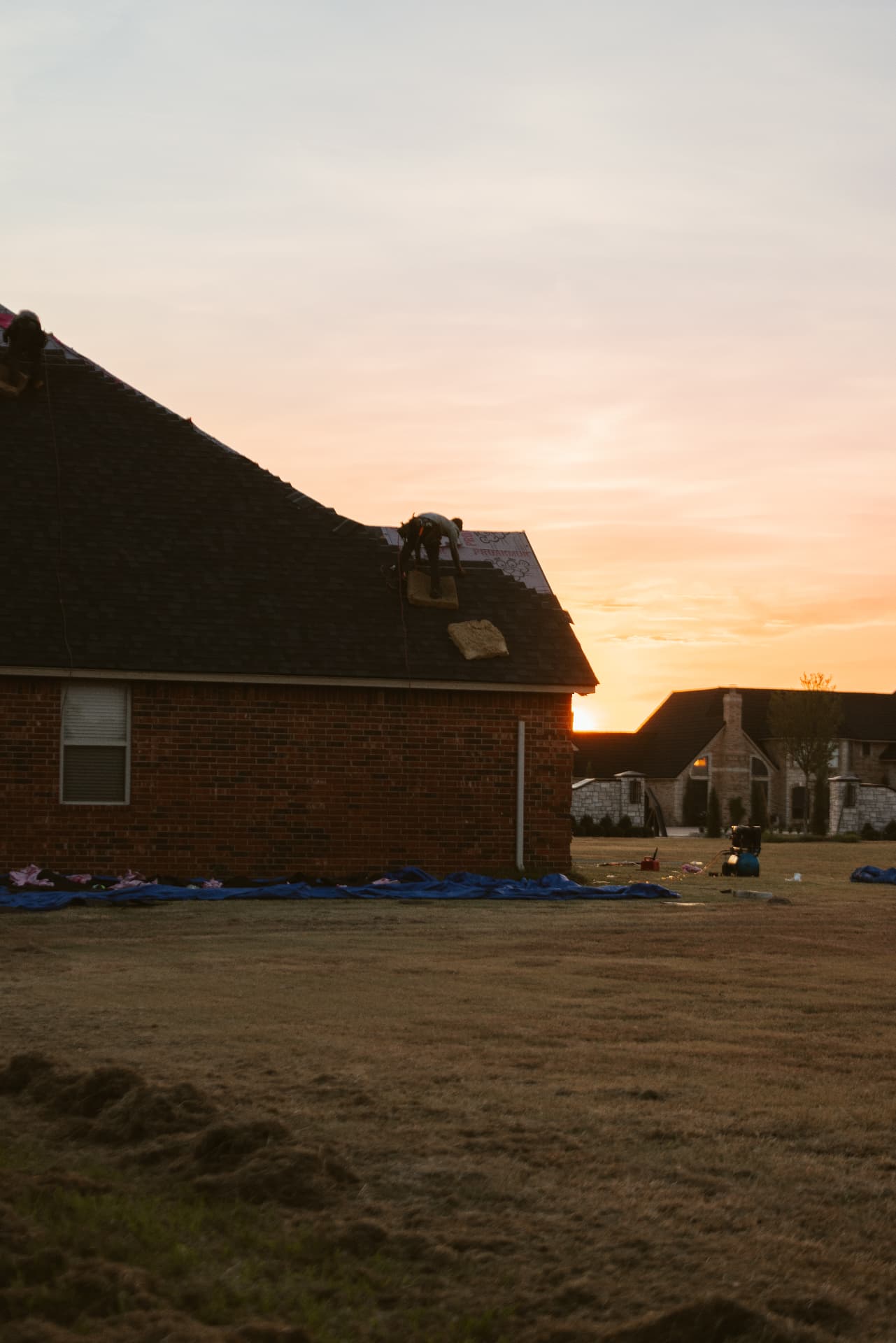 A finished roof at sunset